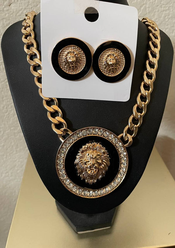 Black lion head necklace set