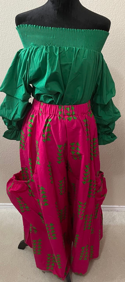 Pink and green wide leg pants